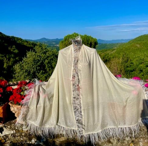 Pure Cashmere Swarovski Crystal and Ostrich Feather Wraps and Shawls in Electric Cream