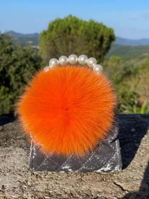 Super Cute Handbags with Long Cross Body Chain Included Real Leather and Real Fox Fur Pom Poms Orange